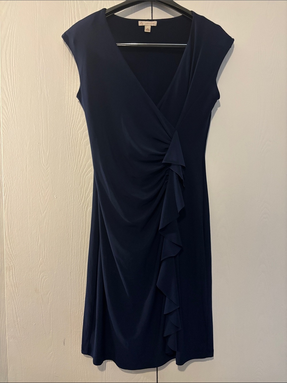 Never worn ! Dress Barn Navy Faux-Wrap Midi Dress with Ruffle Detail